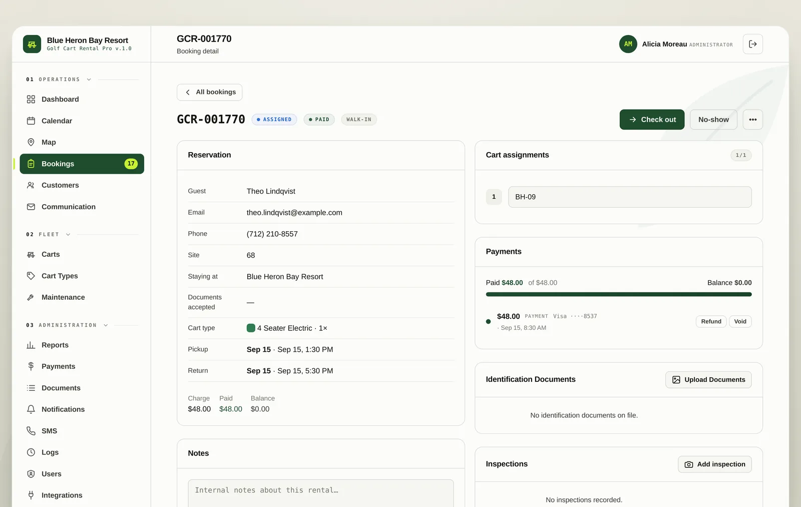 A booking detail screen showing the guest, cart assignment, payments and inspections