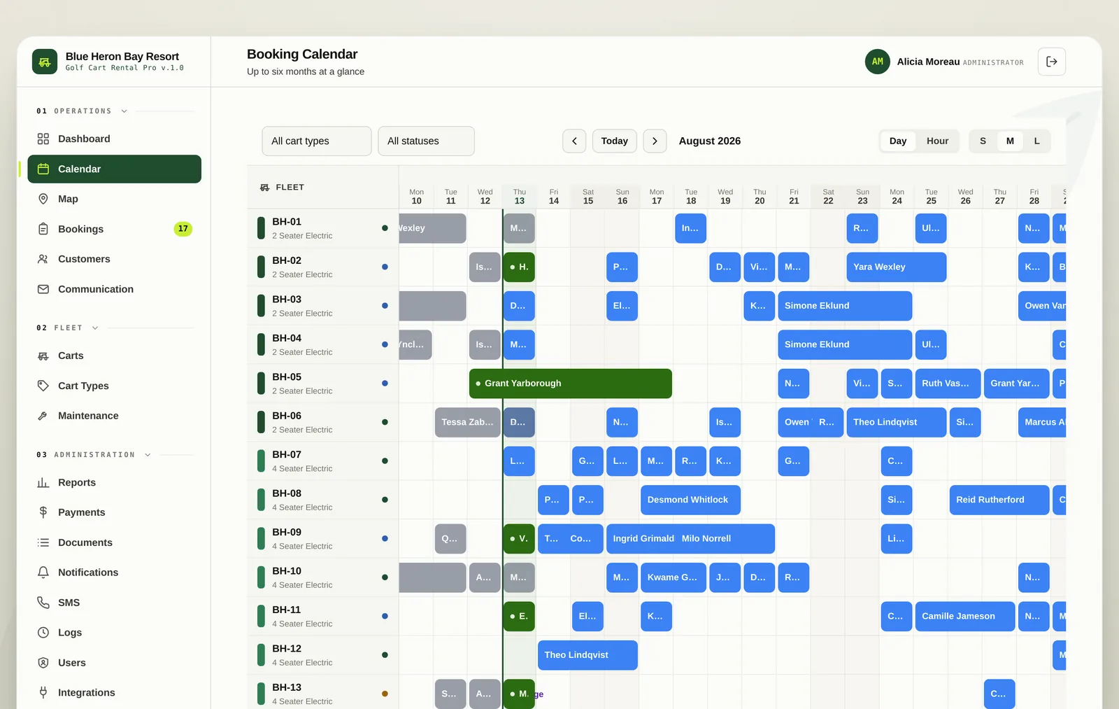 The booking calendar with one row per cart and rentals shown as blocks across the month