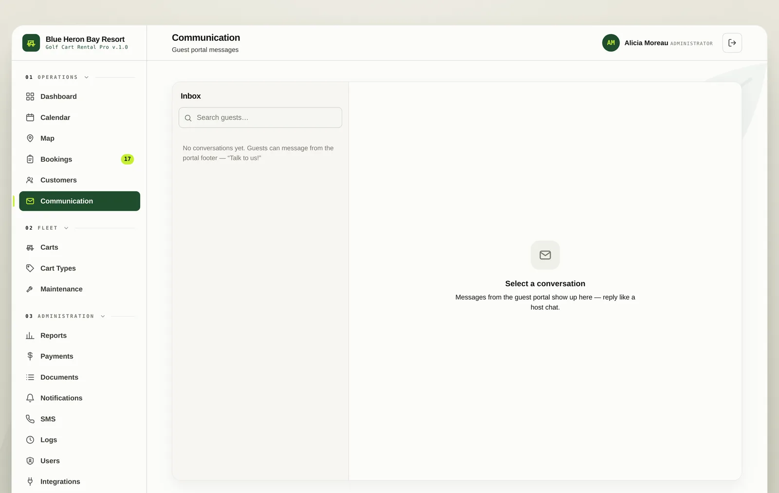 The staff communication screen showing a guest message thread