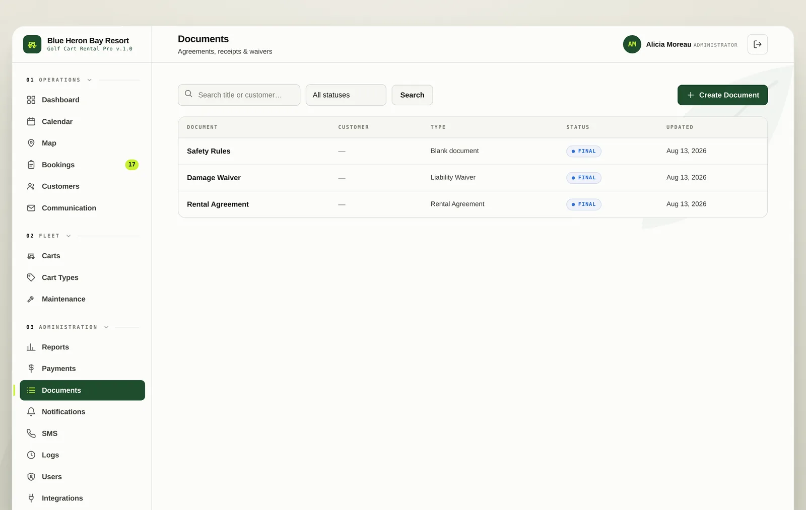 The documents screen with web display and required acceptance settings