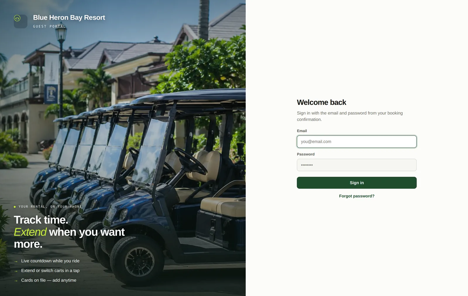 The guest portal sign in screen, branded to the resort