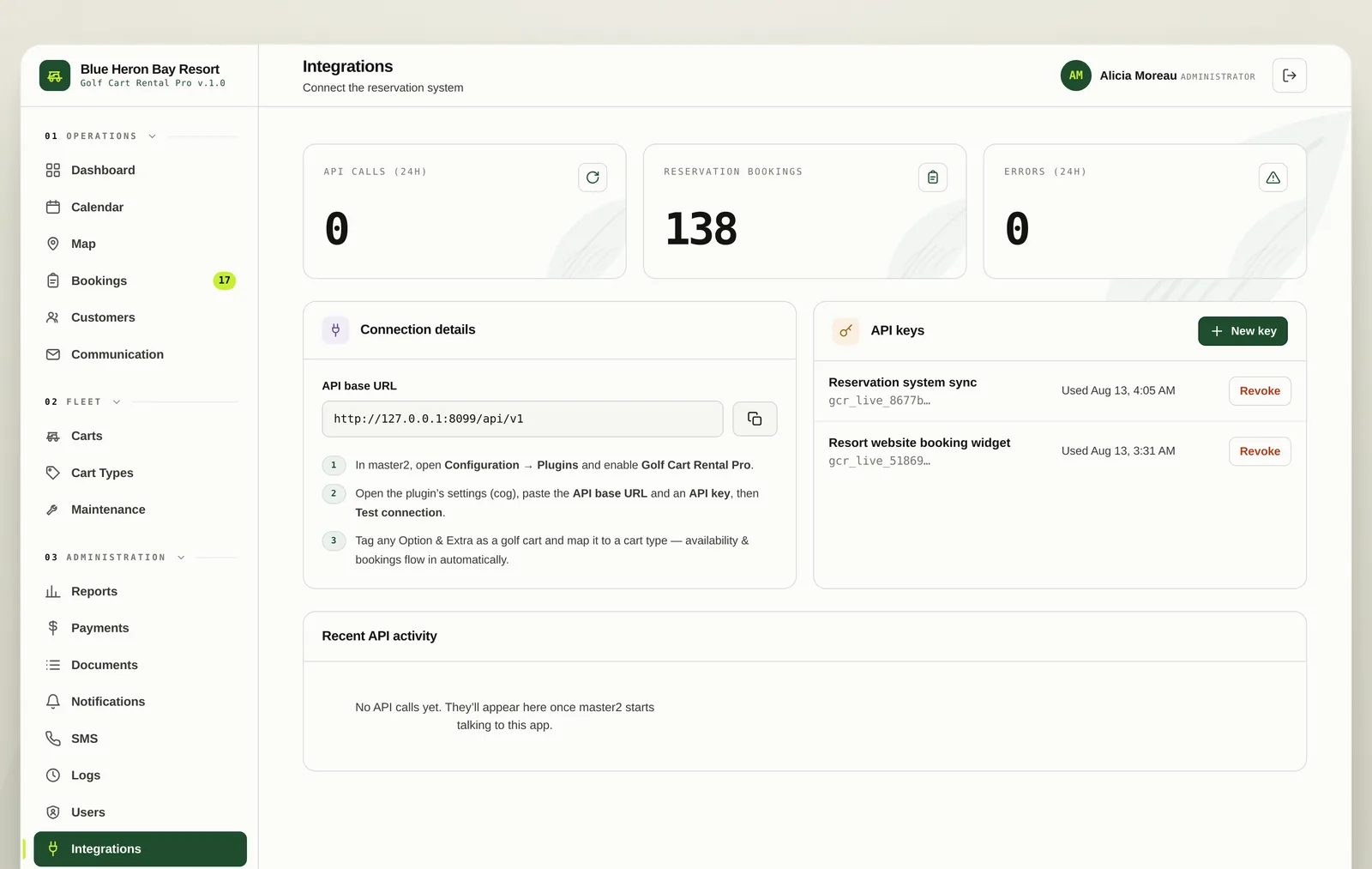 The integrations screen showing API keys, call volume and recent API activity