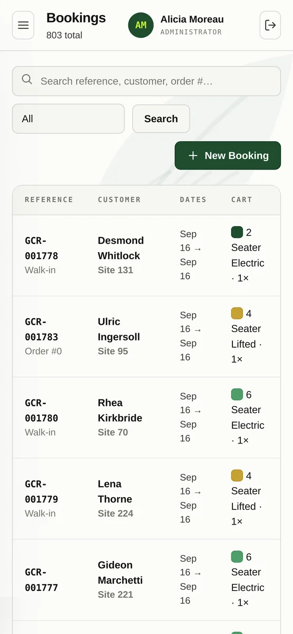 The bookings list on a phone