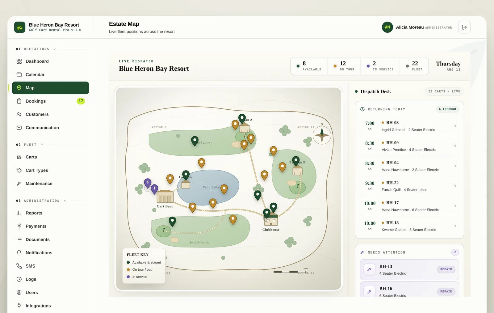 The live dispatch map showing cart pins across an illustrated resort property